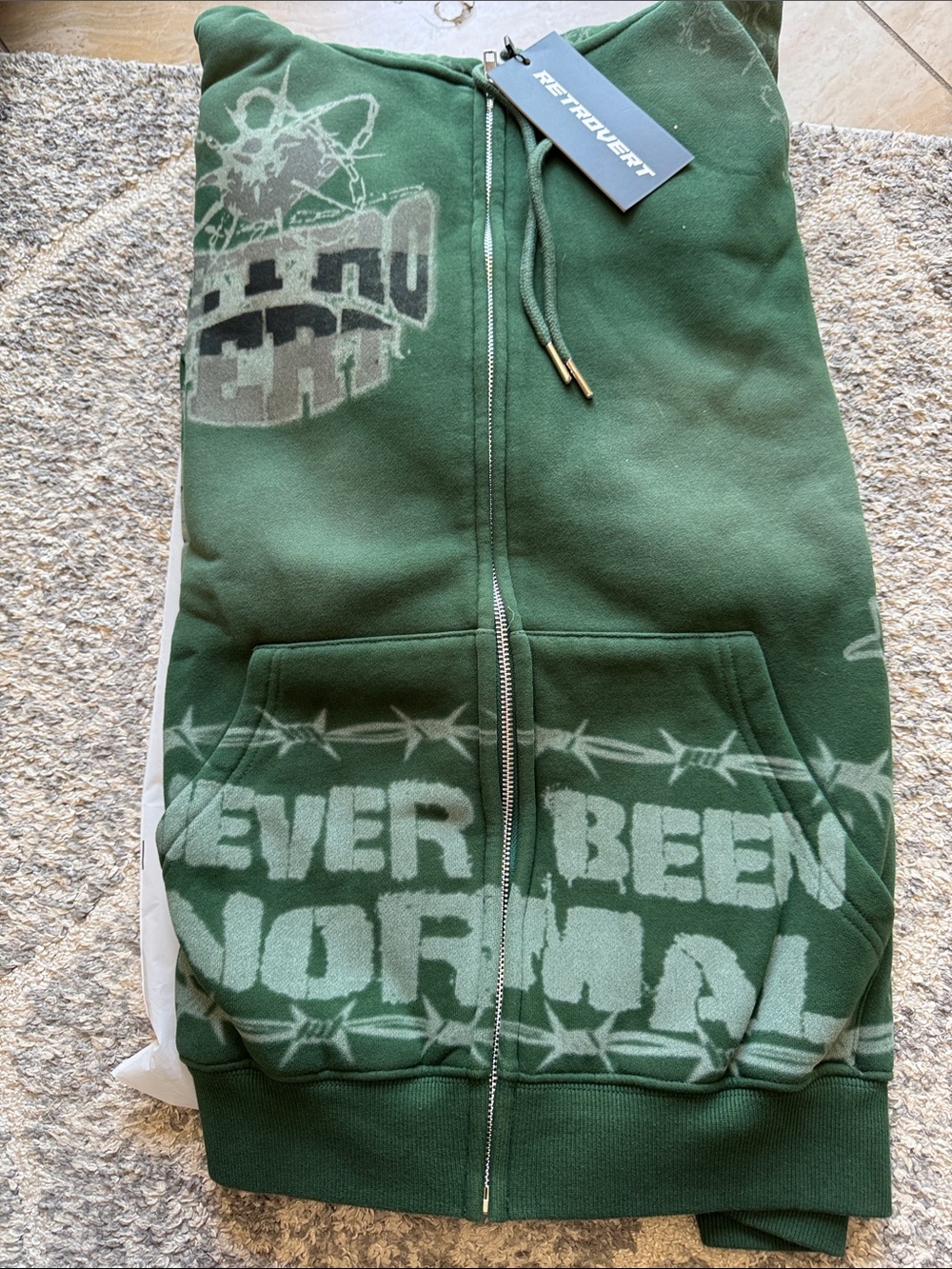 Retrovert Destroyer Green Zip-Up Hoodie with Graphic 'Never Been Normal' men/wom